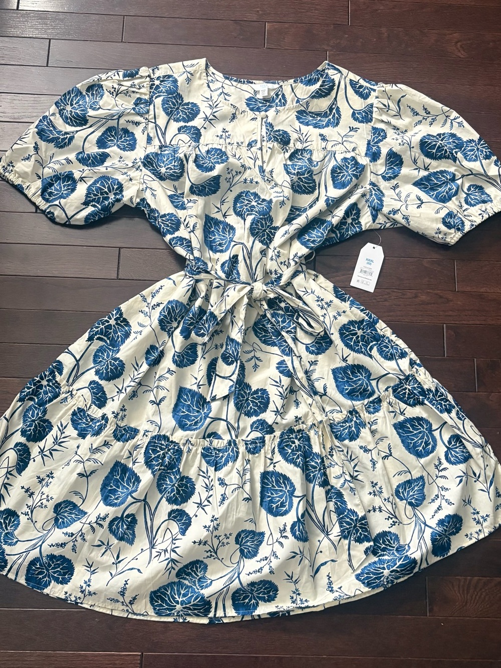 Time and Tru Cream Dress with Blue Floral Print and Tie Waist